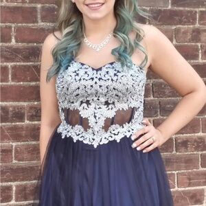 White and Blue Sleeveless Spaghetti Strap Prom Gown